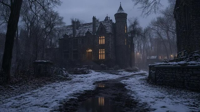 Enigmatic manor shrouded in winter's embrace, amidst snow-kissed grounds and ghostly trees