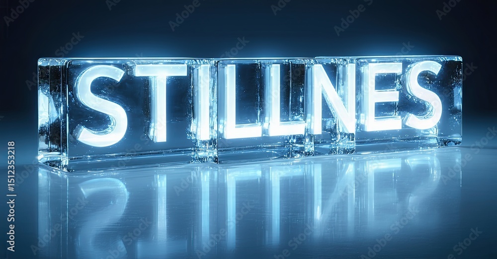 Poster frozen word stillnes glows brightly. reflective surface creates mirrored image. cool blue tones domi