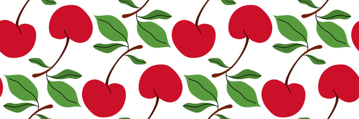 Seamless pattern with red cherry and green foliage. Spring garden background. Harvest, farm and agriculture. Perfect for textile, menu, packaging, kitchen design. Flat vector illustration.