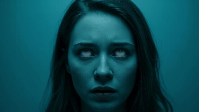 Young woman with eyes rolled upwards in a demonic or possessed gaze under stark, dramatic blue lighting, conveying supernatural horror or extreme psychological distress, ideal for thriller 