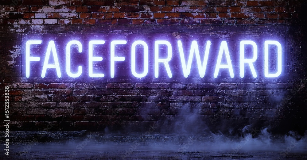 Poster bright neon sign displays faceforward against textured brick wall. fog creates moody atmosphere. dra