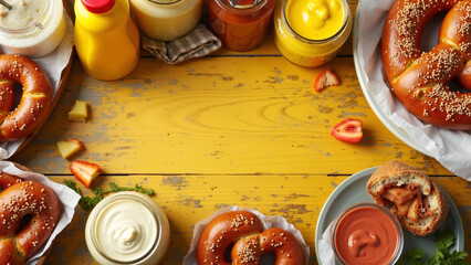 "National Mustard Day – Gourmet Pretzels and Dipping Sauces on Rustic Table