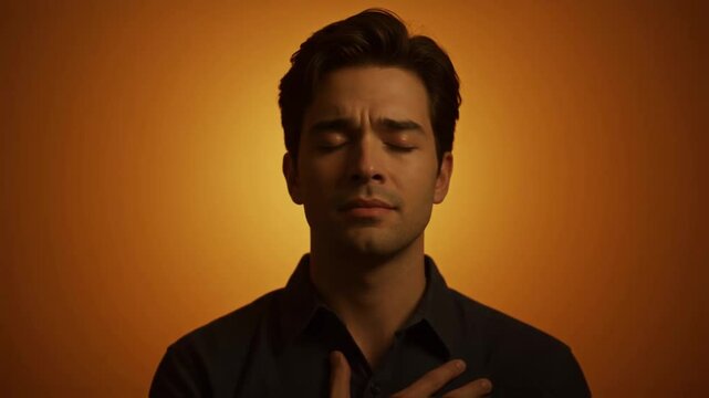 Man with closed eyes and hands on his chest expresses deep relief or is absorbed in emotion against a warm orange background, for mental health themes or spiritual practice