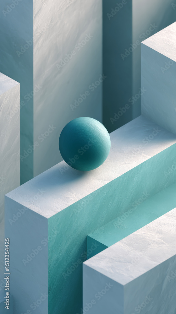 Poster teal sphere rests on pale blue-white geometric platform, creating minimalist, abstract scene ideal f
