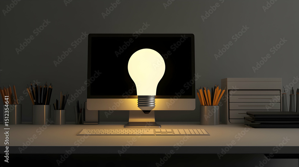 Poster modern office desk with illuminated lightbulb computer