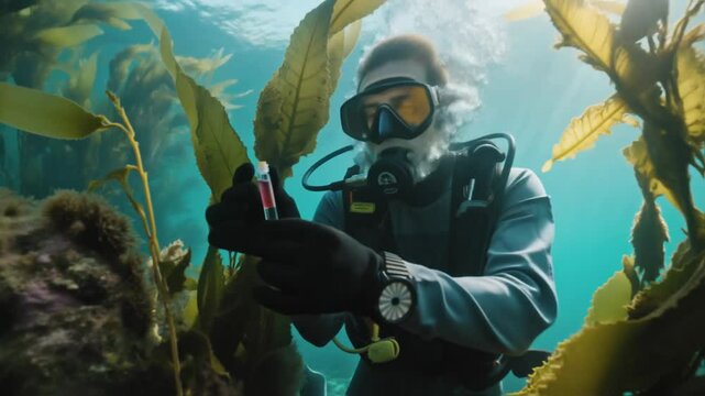 Diver in scuba gear carefully collects a sample into a test tube amidst a lush kelp forest, sunlight filtering down, illustrating marine biology research or ocean conservation efforts