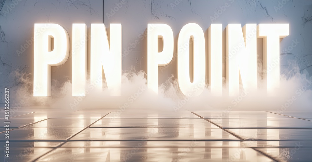 Poster Bright text reads PIN POINT above reflective floor. Fog fills space, creating dramatic lighting effect. Minimalist design.