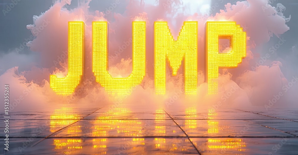 Poster bright, illuminated jump text floats above reflective tiled floor. soft clouds create dreamy backgro
