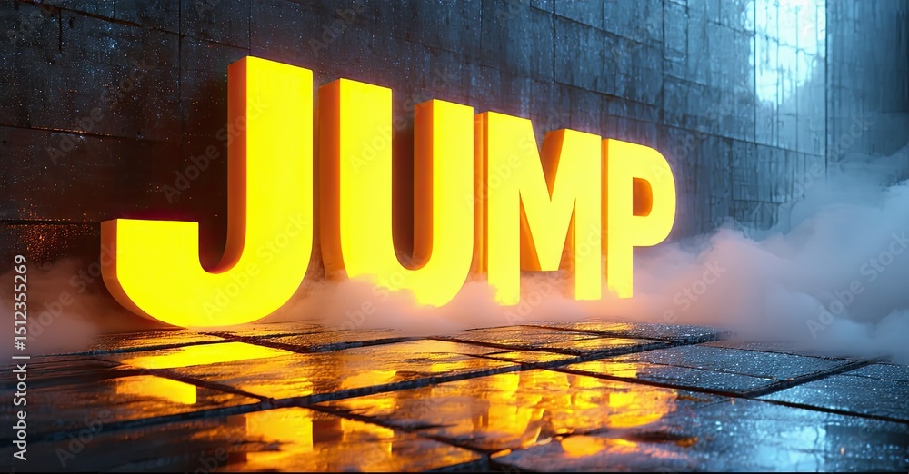 Poster bold yellow lettering spells jump over wet pavement. fog obscures background, light source visible. 