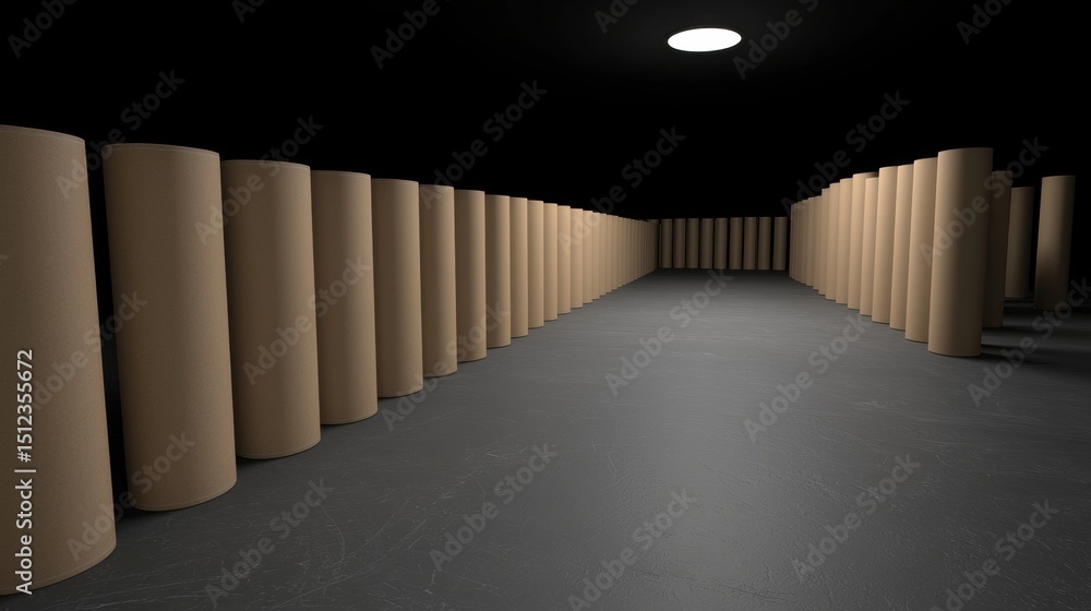 Poster a long row of cylindrical objects with a single light source in the center.