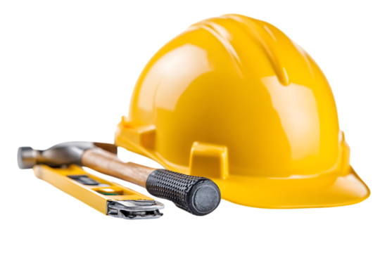 Hard hat, hammer, and level. Construction tools.