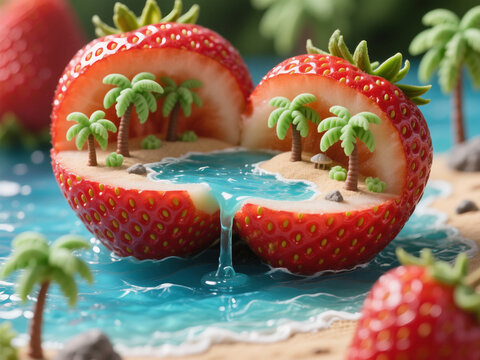 Strawberry fruit split in half reveals a tropical paradise scene with miniature palm trees, sandy beach, and flowing water, creating a whimsical and imaginative landscape