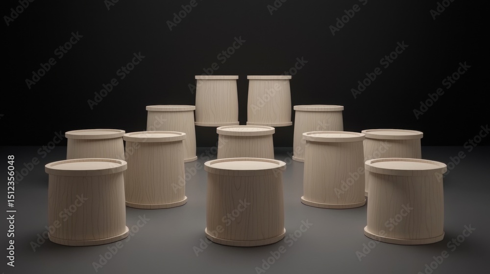Poster a collection of wooden cylindrical containers in various sizes and shapes, arranged in a symmetrical