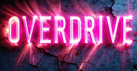 Bright pink OVERDRIVE text glows against cracked wall. Dramatic lighting creates intense visual impact. Bold typography dominates composition.