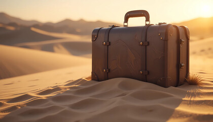 Classic Brown Suitcase Half Buried in Desert Sand Digital Illustration
