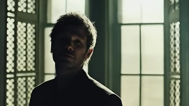 Mysterious figure enveloped in vaporous haze, window backlight, dramatic intrigue