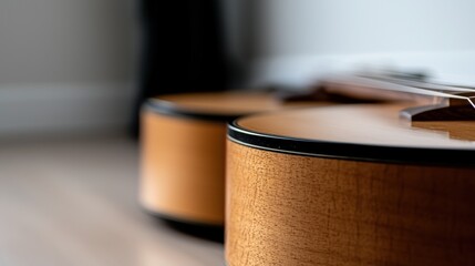 A close-up of a wooden guitar's neck and headstock.