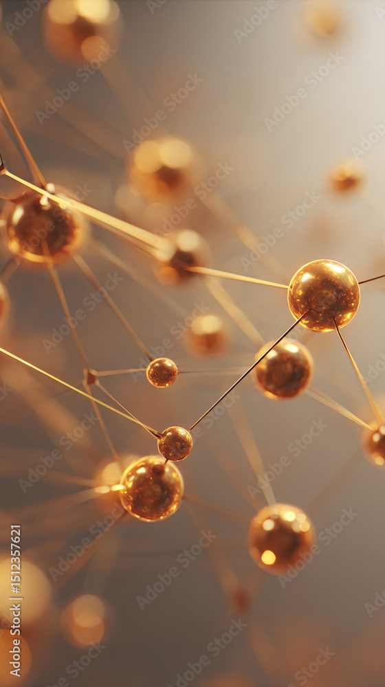 Poster abstract image of golden spheres connected by thin rods, creating a network-like structure, symboliz