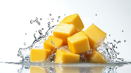 Mango fruit cubes splashing in water fresh tropical fruit healthy eating diet food photography close up shot