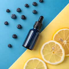 A dark navy dropper bottle is suspended at a slight angle.