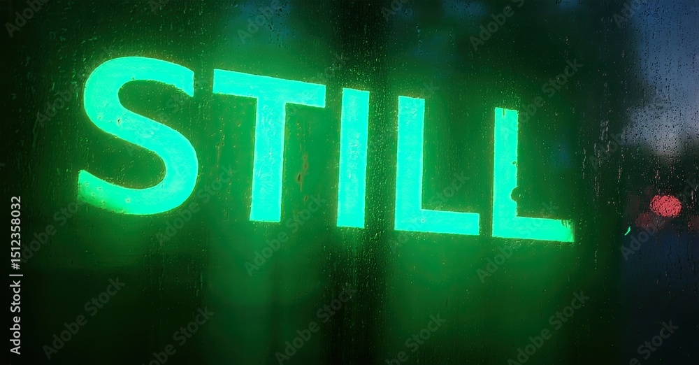 Poster bright green neon sign spells still. wet surface reflects light, creating blurred effect. dark backg