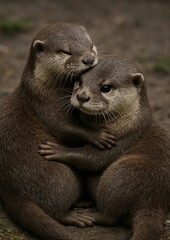 Adorable otters cuddling in nature.