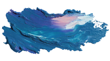 Thickly smeared paint in vibrant shades of blue, purple, pink, and white, forming an abstract and textured composition on a transparent background, evokes a contemporary artistic feel