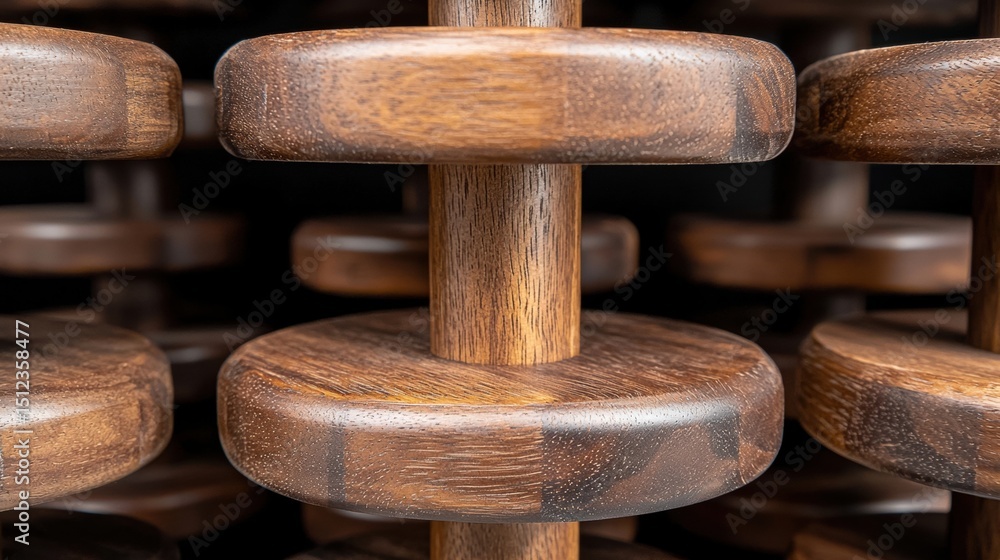 Poster a close-up view of a wooden object with a central support and circular ends.