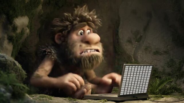 A caveman working in front of a computer. 4k animation video