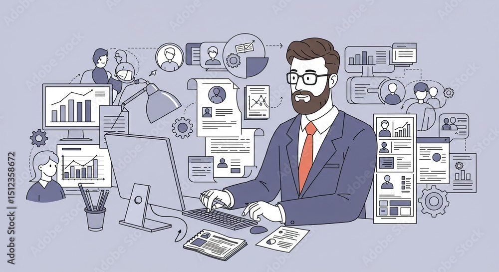 Fototapete businessman types data review at desk in office setting with documents icons and computer graphics