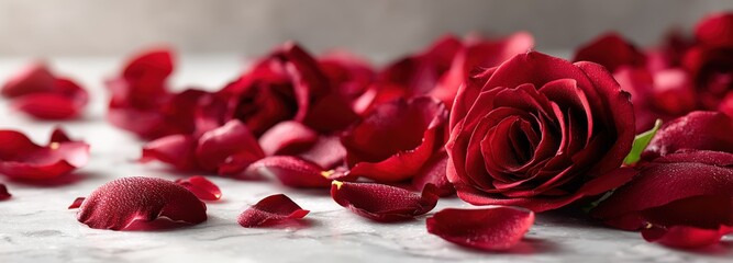 Deep red rose petals create a romantic atmosphere on luxurious marble floor