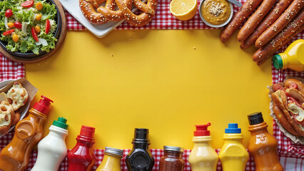 Colorful Picnic Food Border with Mustard and Sauces – National Mustard Day Celebration Concept