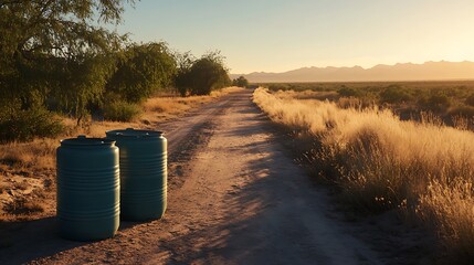Desert landscape with water tanks on dirt road at sunset for travel adventure and outdoor exploration trip