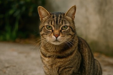 Serene tabby cat portrait outdoors.