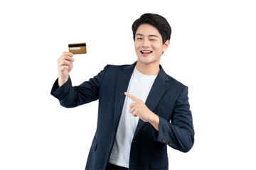 Portrait of young Asian business man holding bank card and posing on PNG background	
