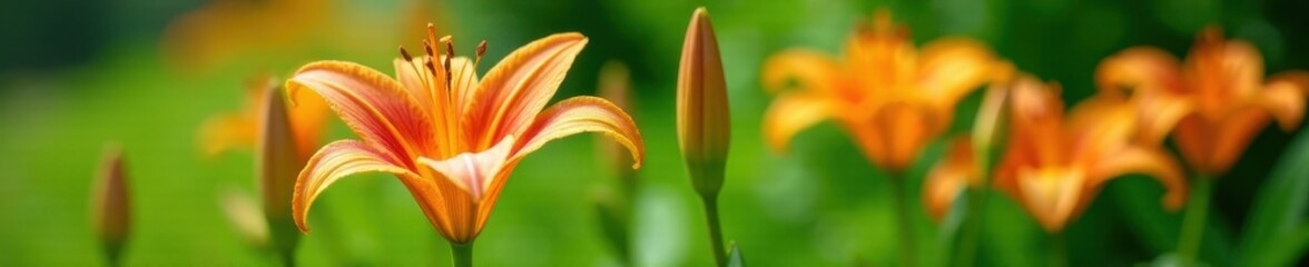 Vibrant orange daylily blooms in lush green summer garden , beauty, orange