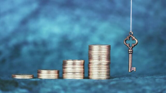 Money coins and key on blue background. Retirement planning, savings concept. Personal finance, happy financial independence.