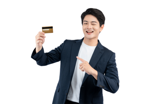 Portrait of young Asian business man holding bank card and posing on PNG background	
