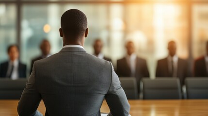 Business leader guiding team meeting head table professional office environment inspiring leadership concept