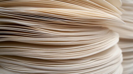 A close-up view of a stack of white, folded paper plates.