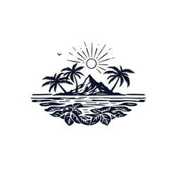 Obraz premium Tropical Island Scene with Palm Trees, Mountains, and a Radiant Sun, Capturing Serenity, Nature, and Coastal Beauty in Vector Illustration