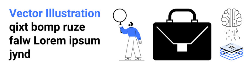 Person holding a speech bubble, large briefcase, brain illustration signifying creativity, and stack of papers. Ideal for business, innovation, brainstorming, leadership, organization productivity