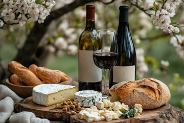 Bottle of wine paired with cheese and bread on a plate.