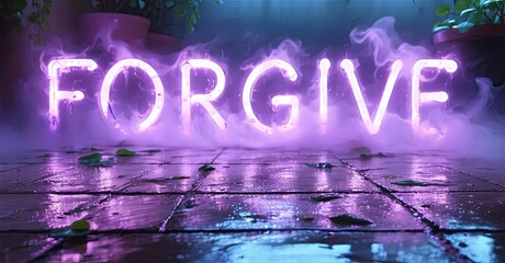 Fototapeta na wymiar Neon sign spells FORGIVE. Wet tiles reflect purple light, smoke fills space. Plants visible, dark background creates mood.