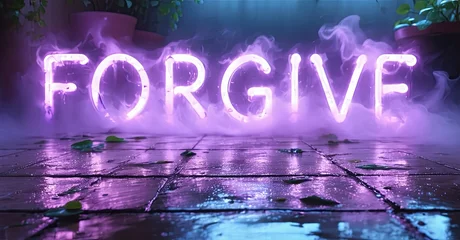 Gordijnen Neon sign spells FORGIVE. Wet tiles reflect purple light, smoke fills space. Plants visible, dark background creates mood. © antishock