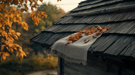 Autumn leaves on roof shingles with cloth serene fall season outdoor scenic landscape photography