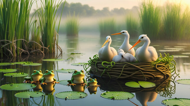 wetland preservation - A thriving wetland with healthy reeds, lily pads, frogs, and birds nesting, representing successful wetland preservation