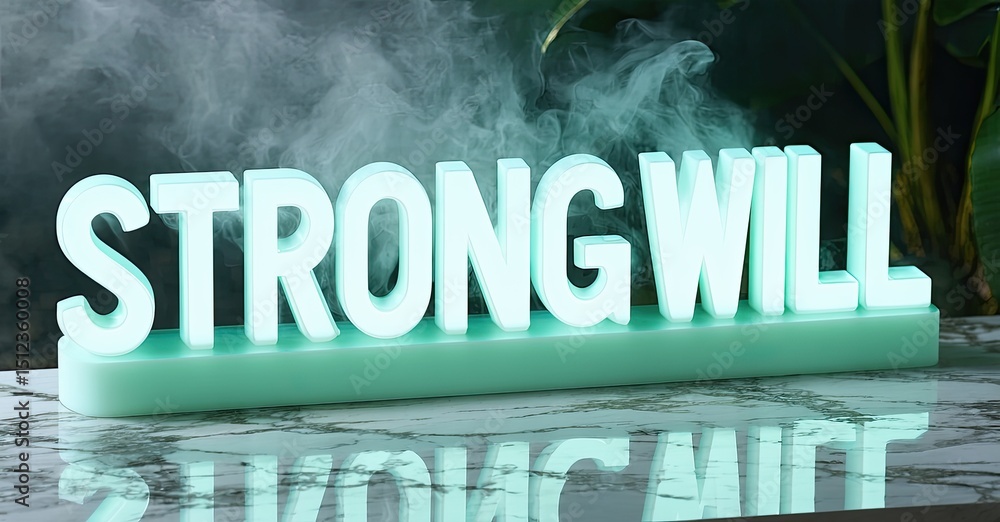 Poster neon sign displaying strong will. reflective surface below text. background features smoke, foliage,
