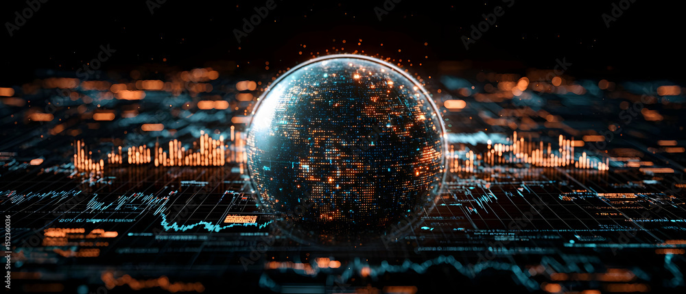 Poster abstract glowing sphere with data visualization