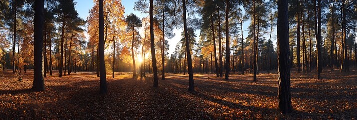 Autumn forest landscape with sunlight through trees scenic nature background for fall season wallpaper 4k